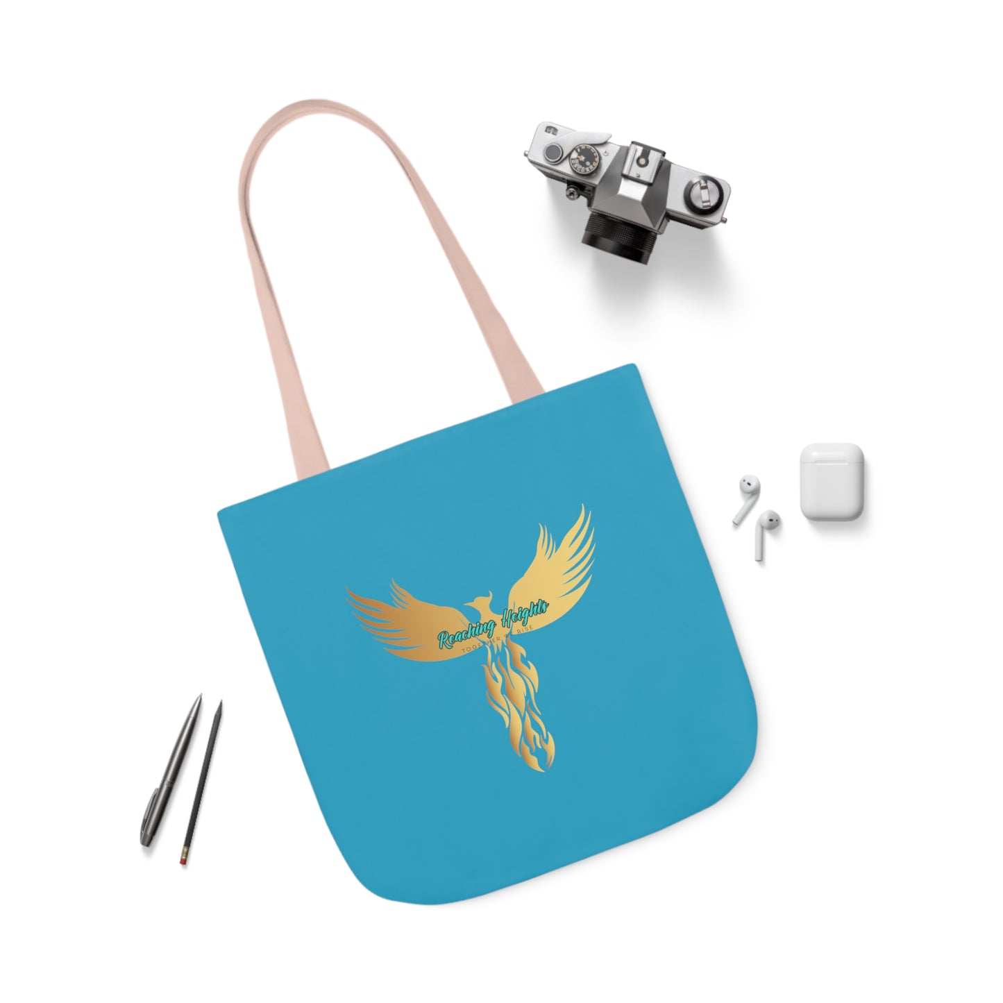 Turquoise: RH Logo: White Font: Phoenix Rise: Canvas Tote Bag, 5-Color Straps