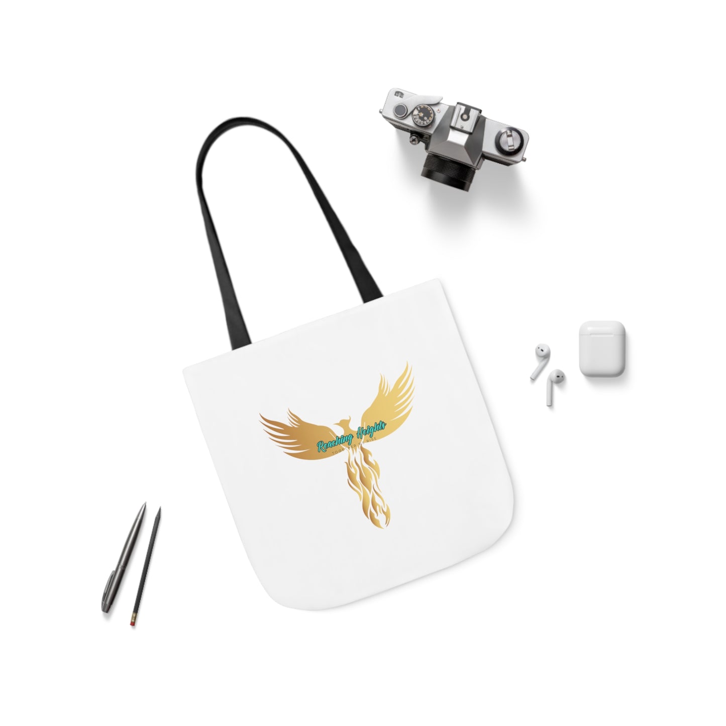White: RH Logo: Light Blue Font: Phoenix Rise: Canvas Tote Bag, 5-Color Straps