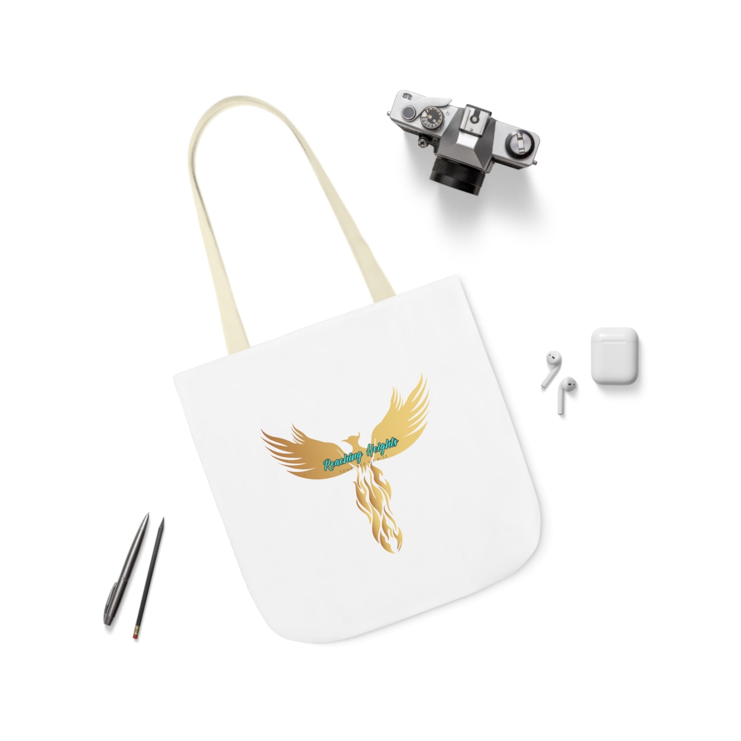White: RH Logo: Light Blue Font: Phoenix Rise: Canvas Tote Bag, 5-Color Straps