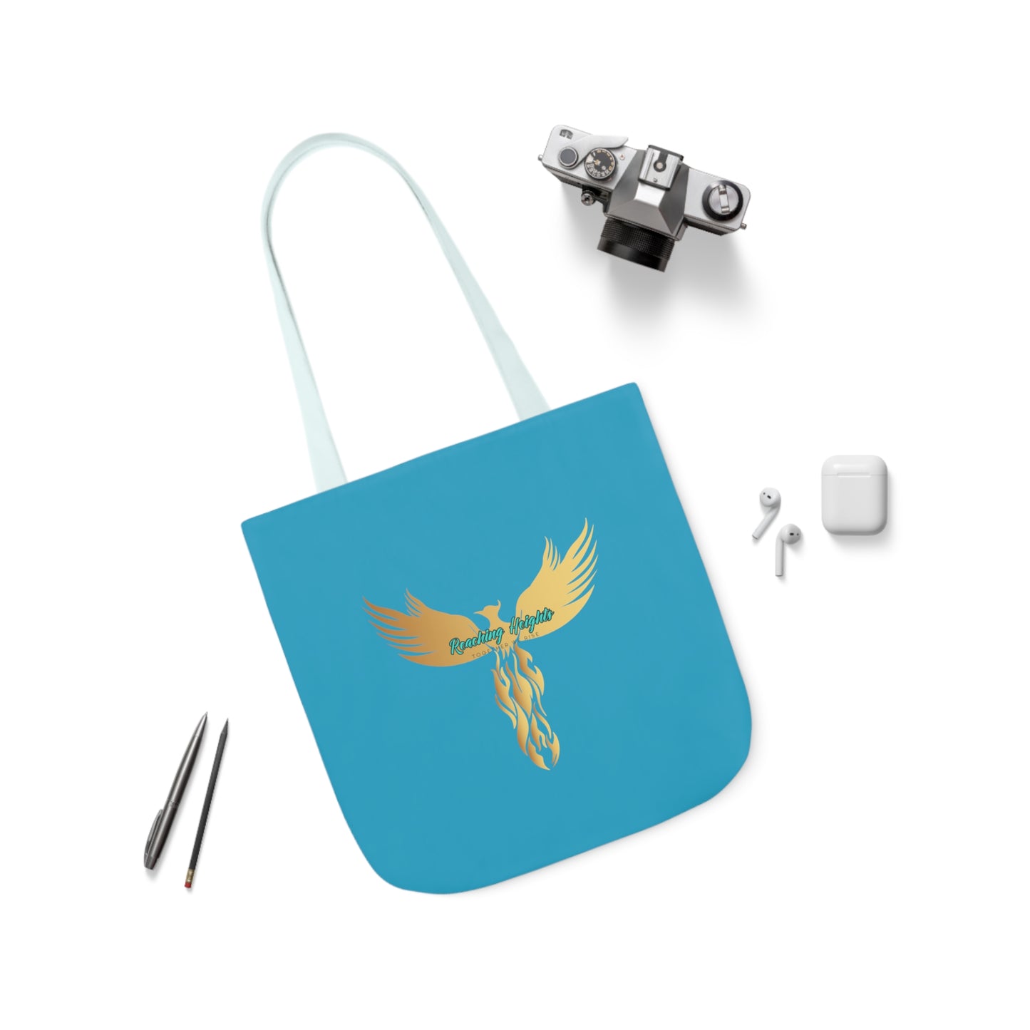Turquoise: RH Logo: White Font: Phoenix Rise: Canvas Tote Bag, 5-Color Straps