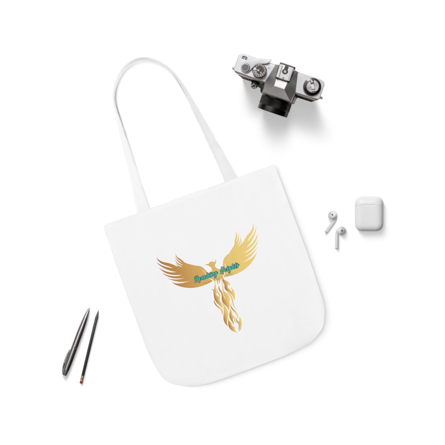 White: RH Logo: Light Blue Font: Phoenix Rise: Canvas Tote Bag, 5-Color Straps
