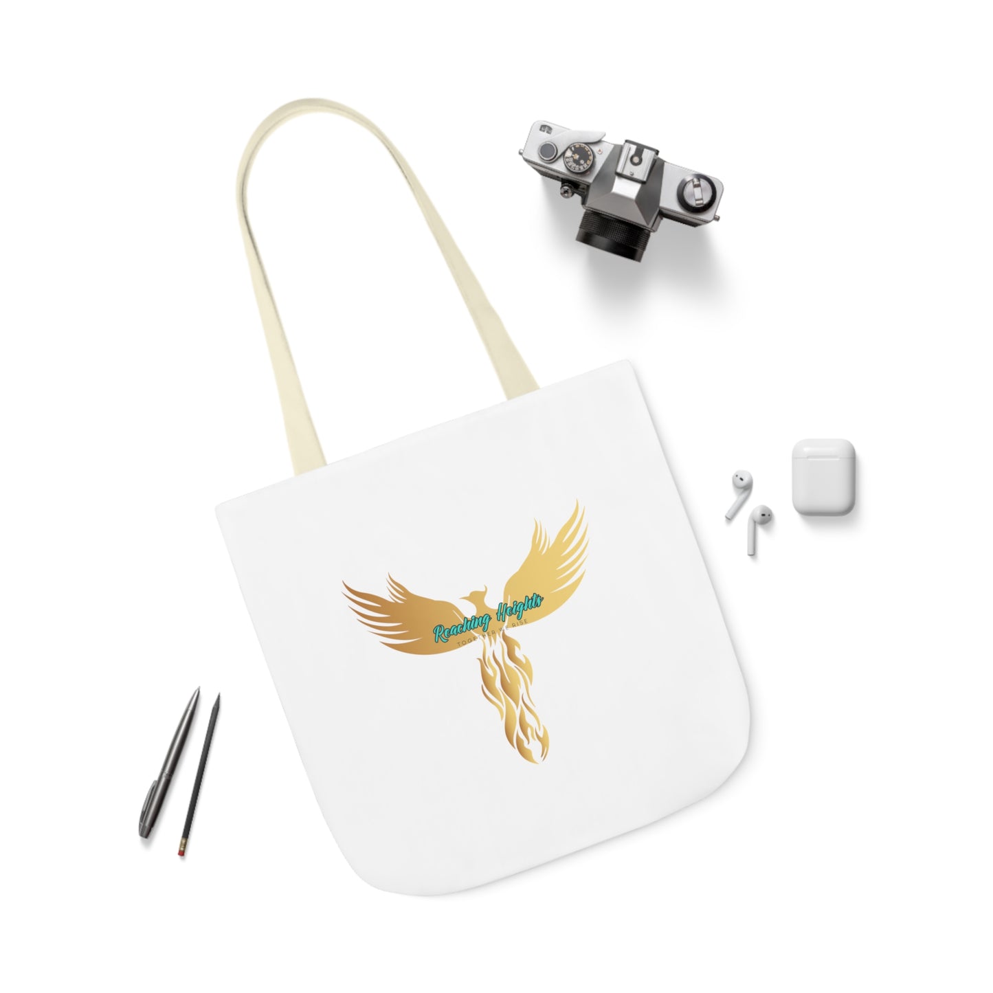 White: RH Logo: Light Blue Font: Phoenix Rise: Canvas Tote Bag, 5-Color Straps