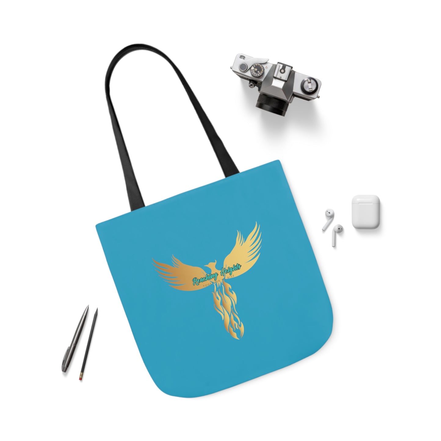 Turquoise: RH Logo: White Font: Phoenix Rise: Canvas Tote Bag, 5-Color Straps