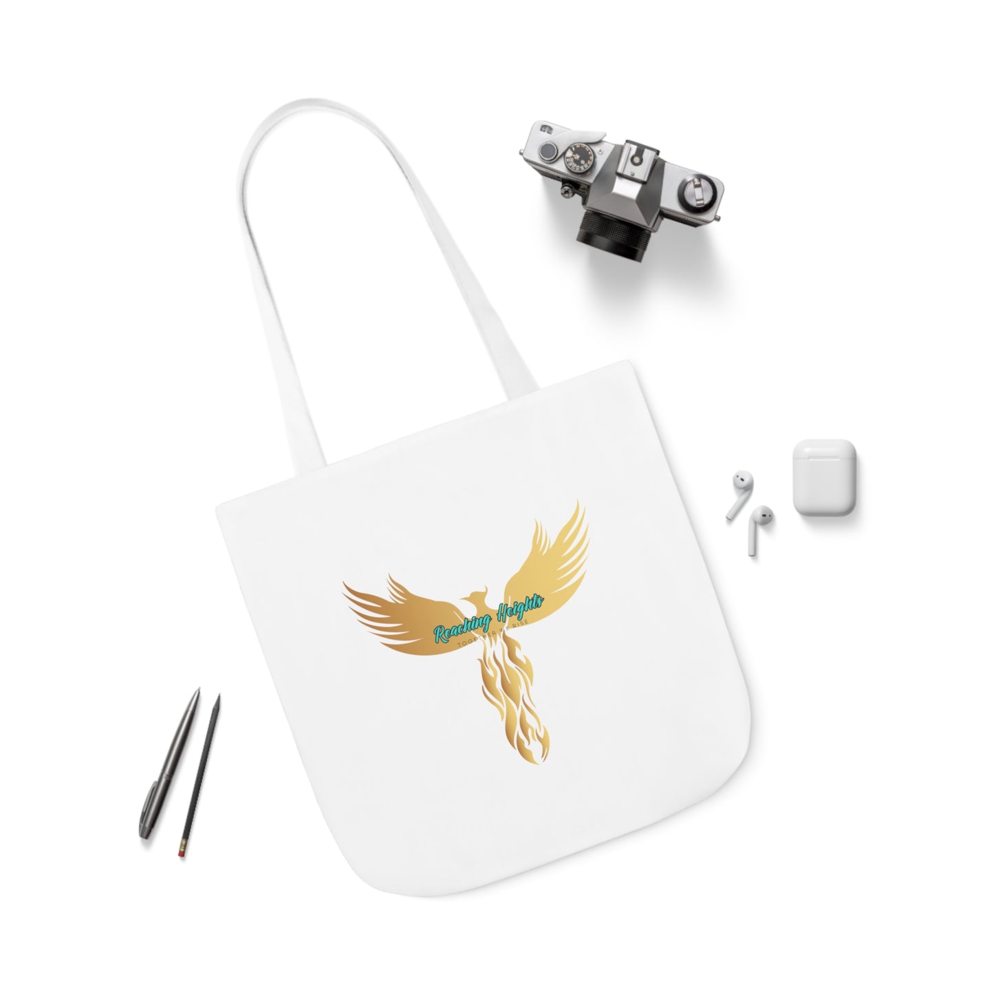 White: RH Logo: Light Blue Font: Phoenix Rise: Canvas Tote Bag, 5-Color Straps