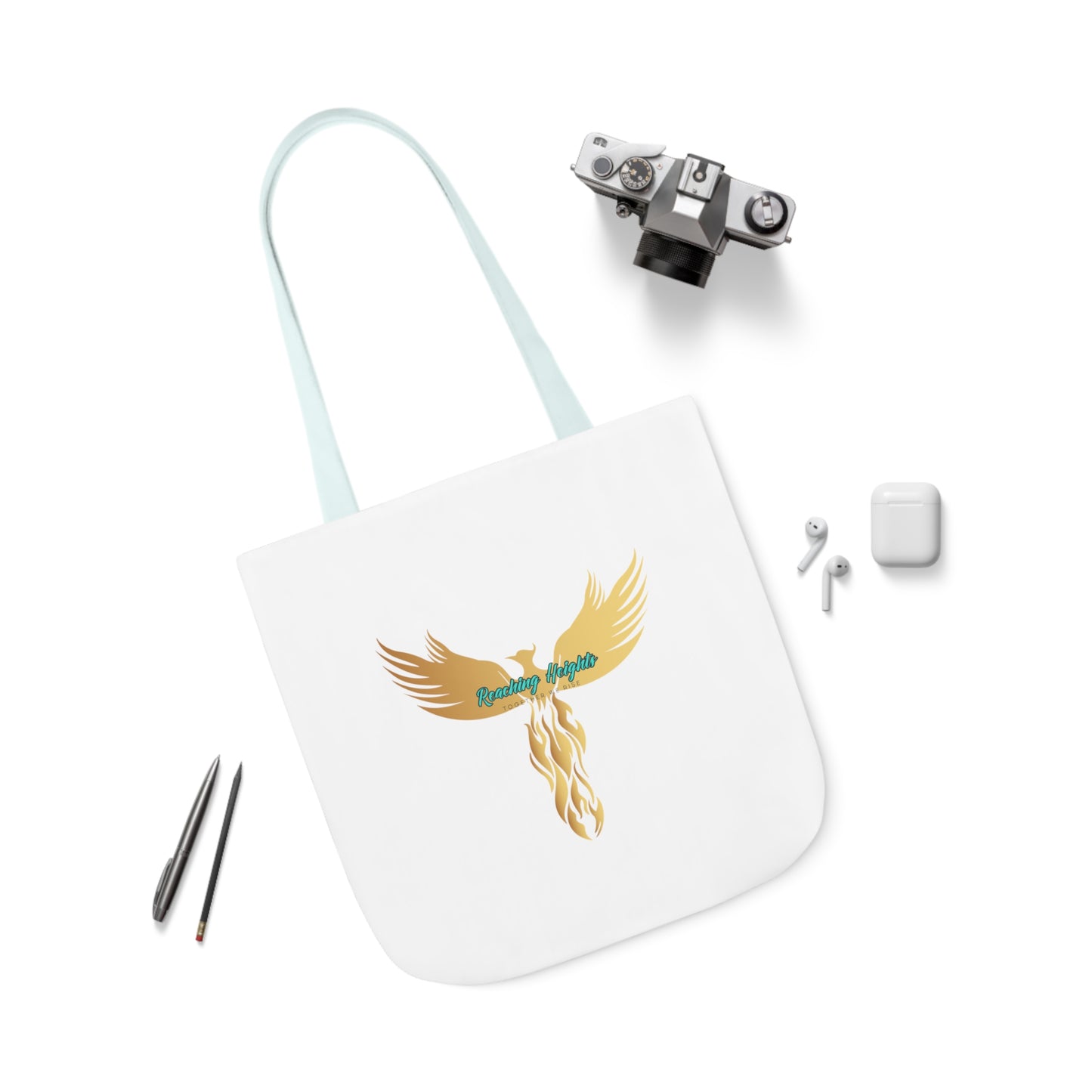 White: RH Logo: Light Blue Font: Phoenix Rise: Canvas Tote Bag, 5-Color Straps