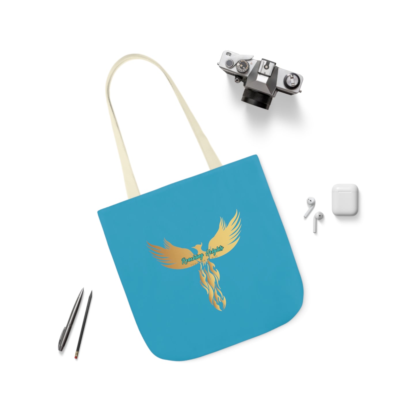 Turquoise: RH Logo: White Font: Phoenix Rise: Canvas Tote Bag, 5-Color Straps