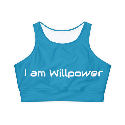 I am Willpower: Turquoise: Fully Lined, Padded Sports Bra (AOP)