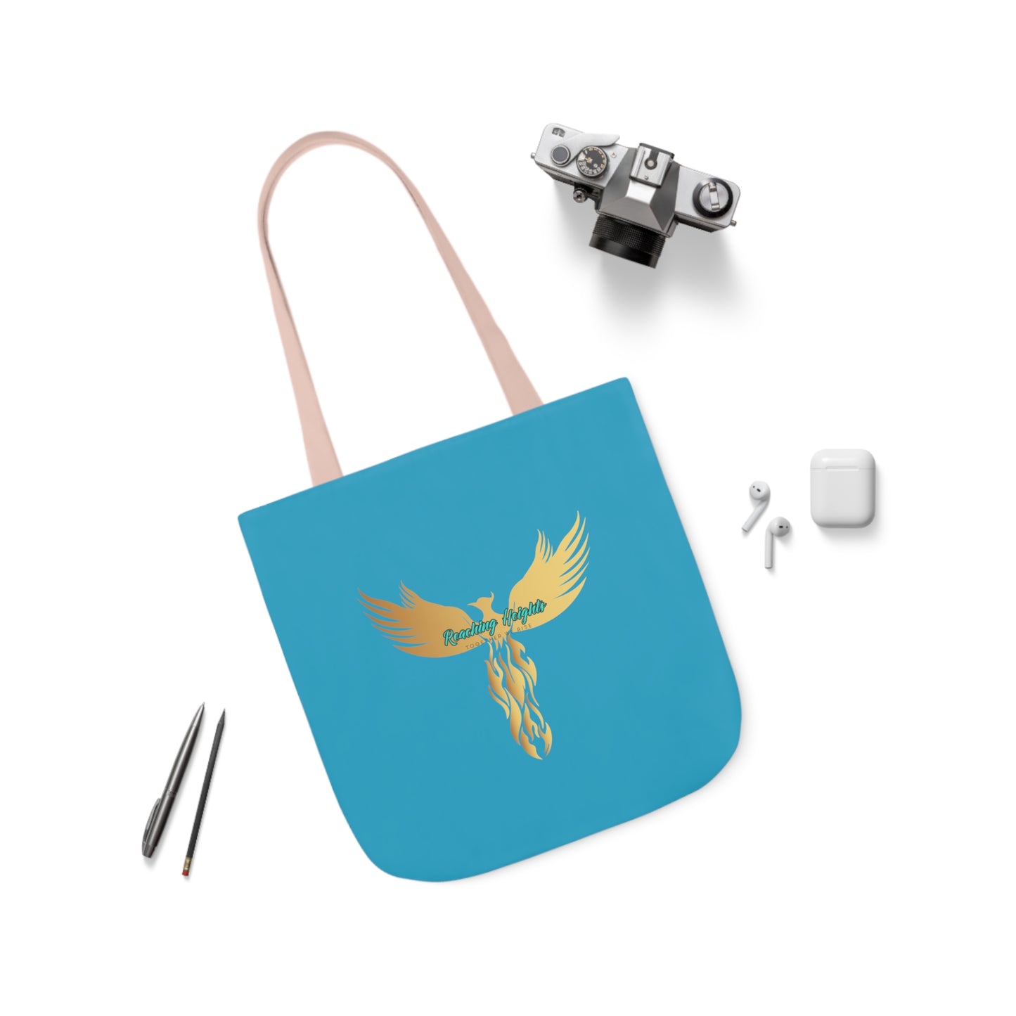 Turquoise: RH Logo: White Font: Phoenix Rise: Canvas Tote Bag, 5-Color Straps