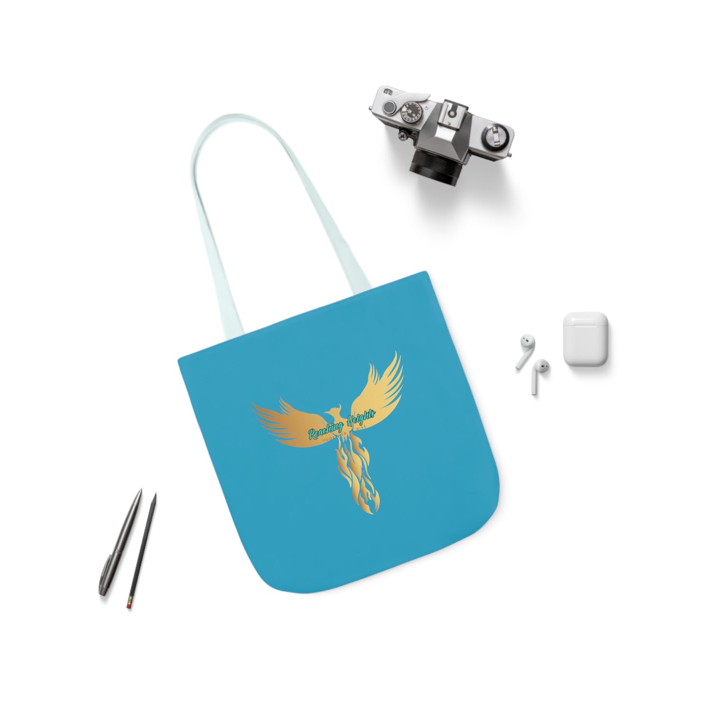 Turquoise: RH Logo: White Font: Phoenix Rise: Canvas Tote Bag, 5-Color Straps
