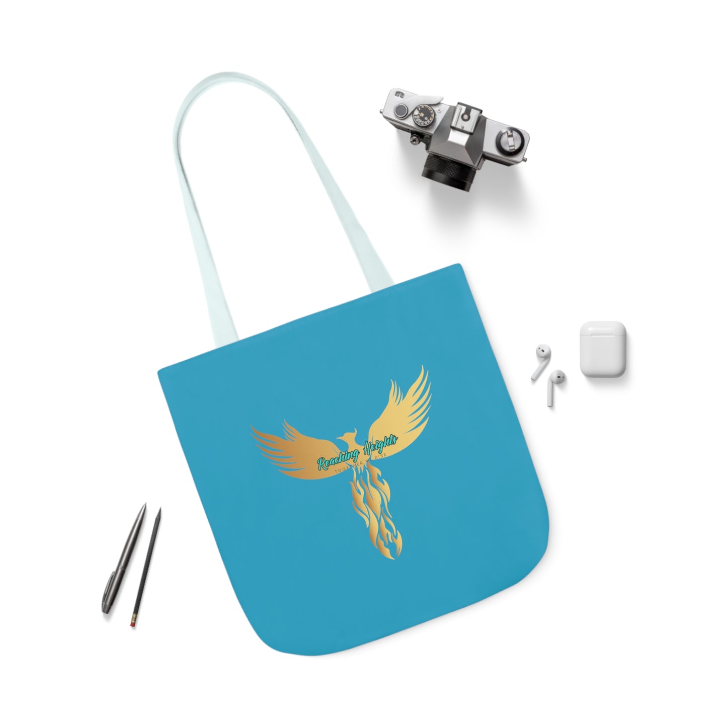 Turquoise: RH Logo: White Font: Phoenix Rise: Canvas Tote Bag, 5-Color Straps