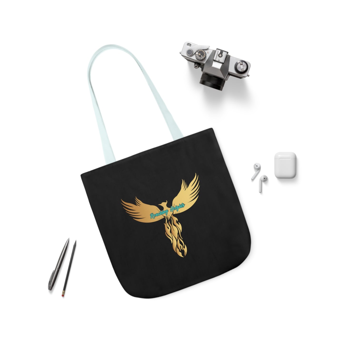 Black: RH Logo: Light Blue Font: Phoenix Rise: Canvas Tote Bag, 5-Color Straps