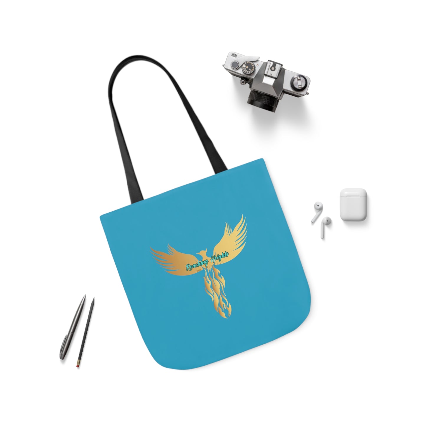 Turquoise: RH Logo: White Font: Phoenix Rise: Canvas Tote Bag, 5-Color Straps
