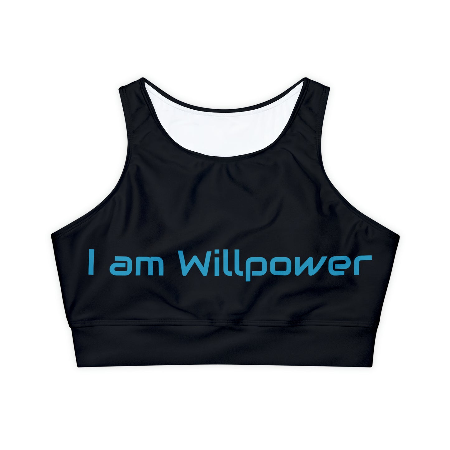 I am Willpower: Black: Fully Lined, Padded Sports Bra (AOP)