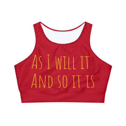 As I Will It And So It Is: Red: Fully Lined, Padded Sports Bra (AOP)