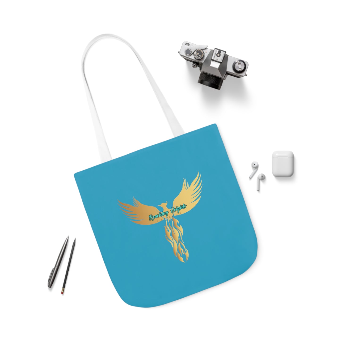 Turquoise: RH Logo: White Font: Phoenix Rise: Canvas Tote Bag, 5-Color Straps