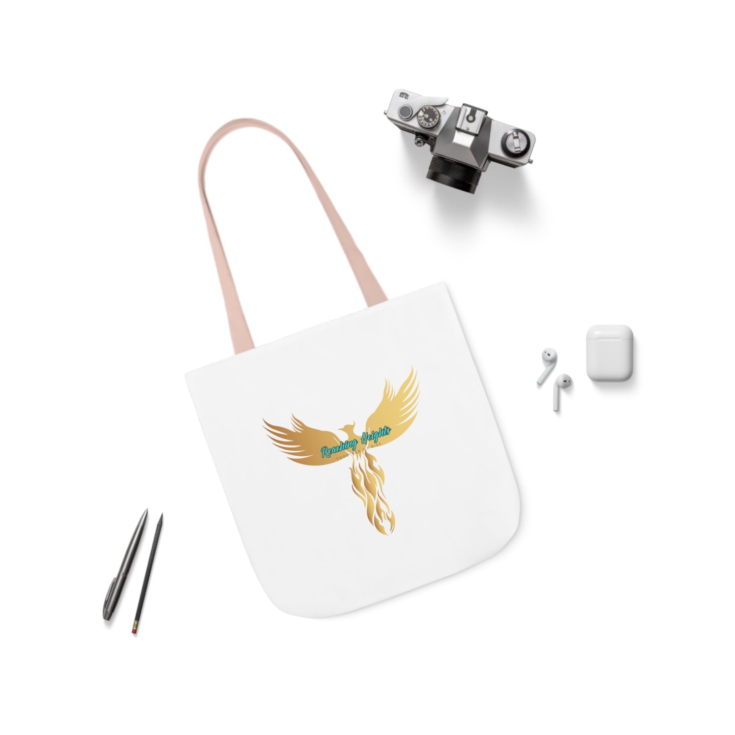 White: RH Logo: Light Blue Font: Phoenix Rise: Canvas Tote Bag, 5-Color Straps
