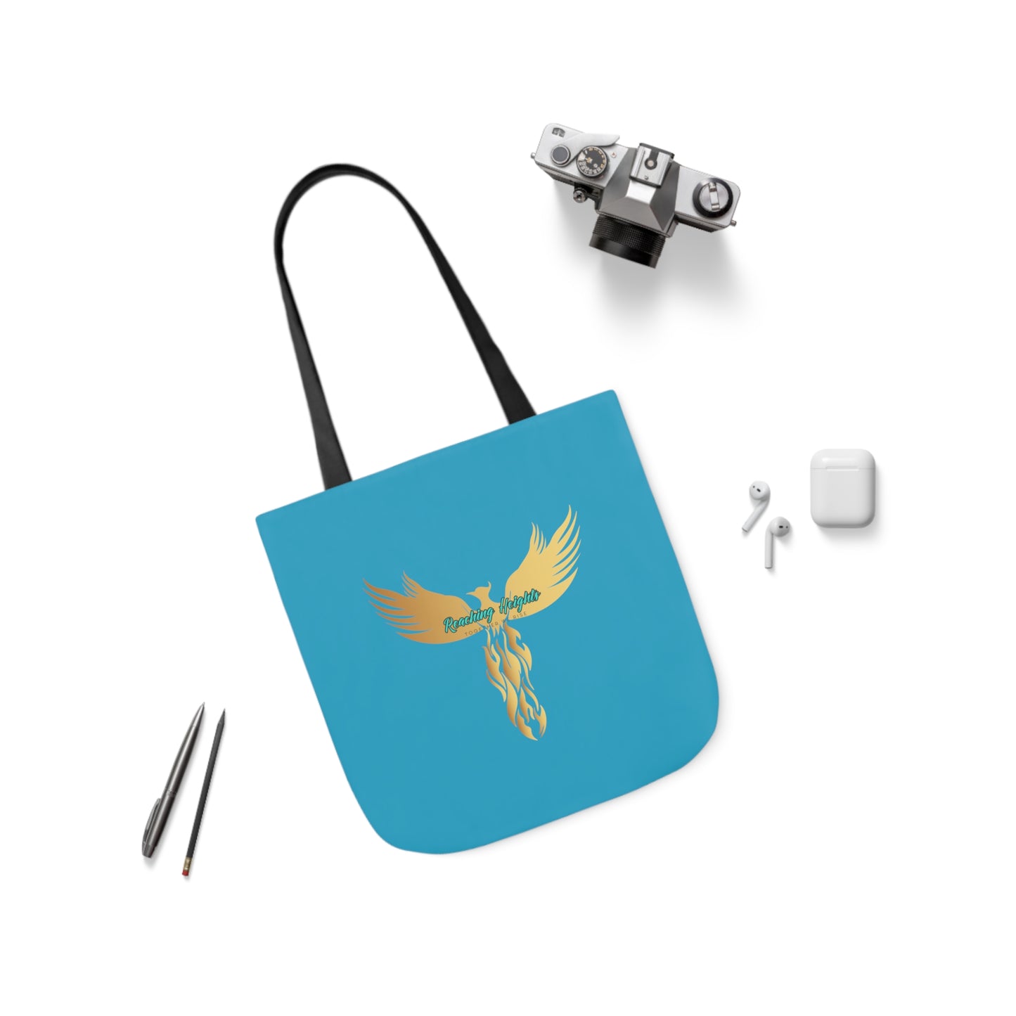 Turquoise: RH Logo: White Font: Phoenix Rise: Canvas Tote Bag, 5-Color Straps