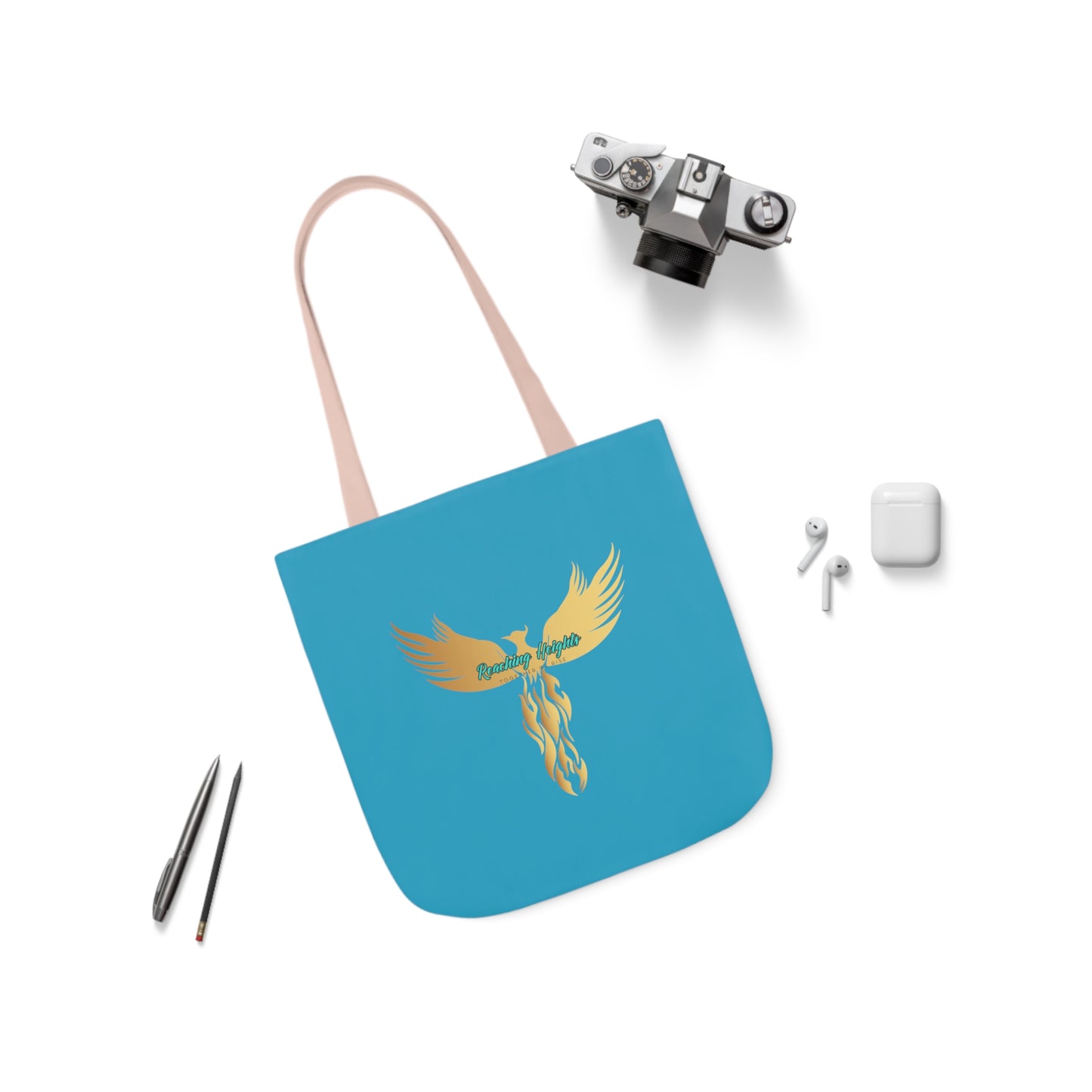 Turquoise: RH Logo: White Font: Phoenix Rise: Canvas Tote Bag, 5-Color Straps