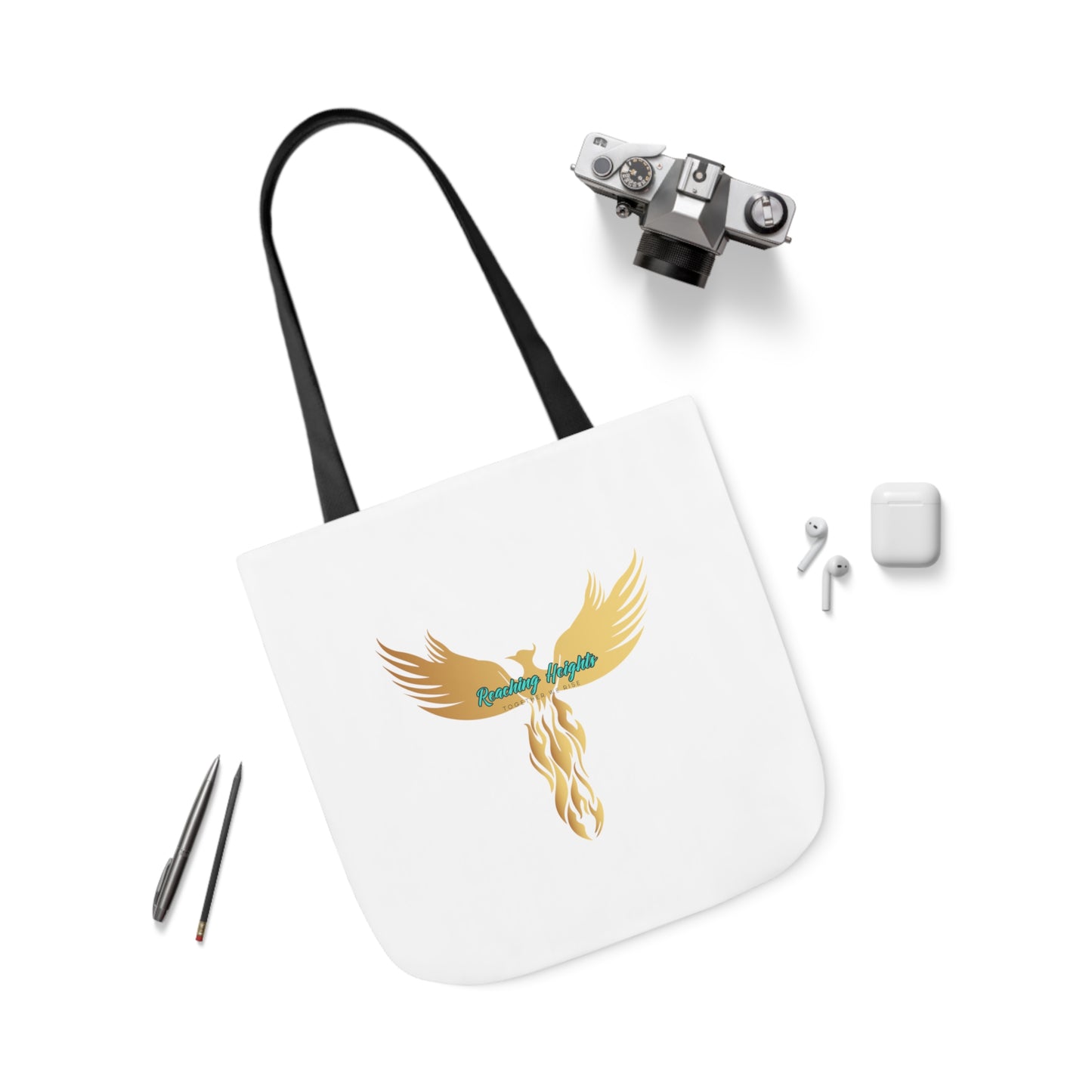 White: RH Logo: Light Blue Font: Phoenix Rise: Canvas Tote Bag, 5-Color Straps