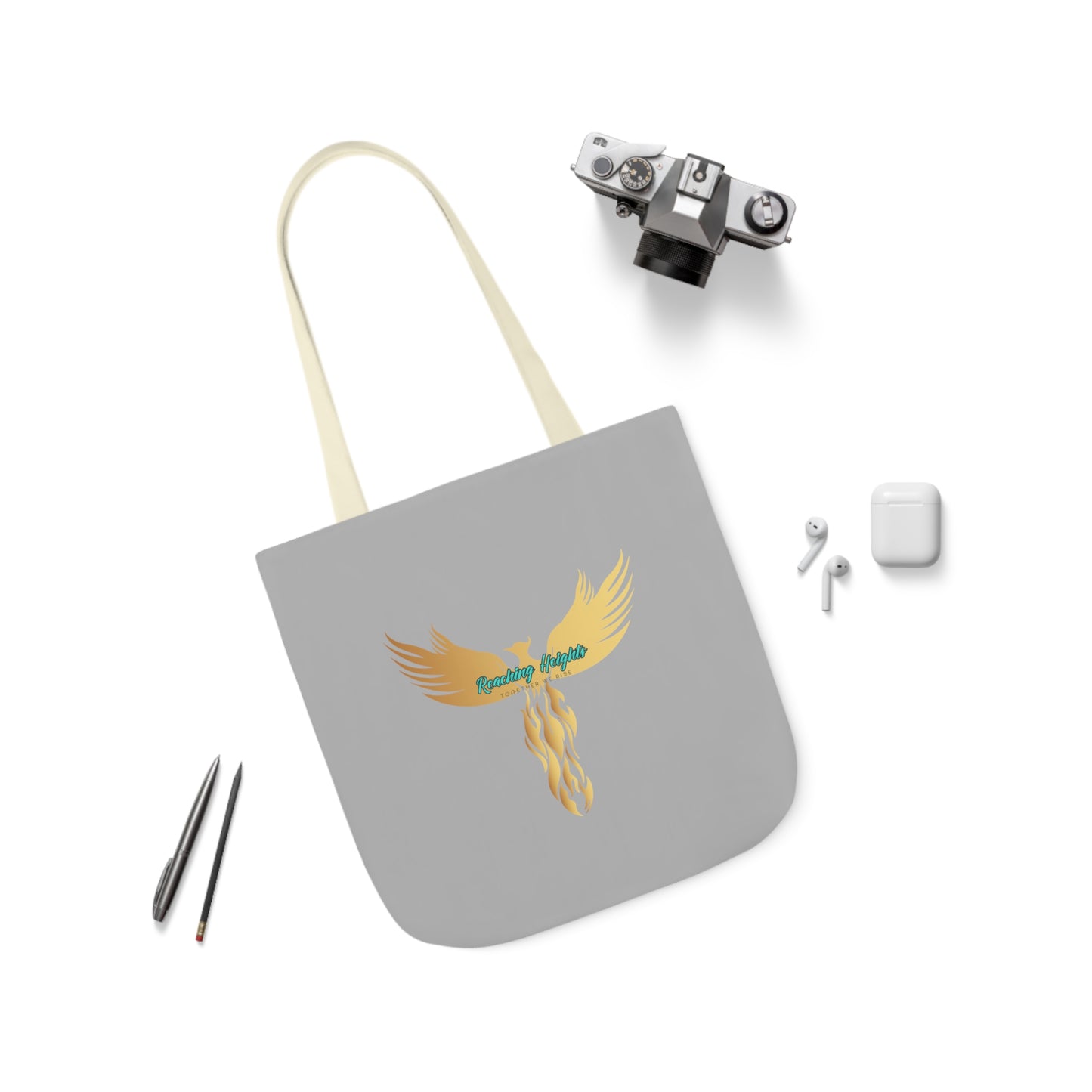 Light Grey: RH Logo: Light Blue Font: Phoenix Rise: Canvas Tote Bag, 5-Color Straps