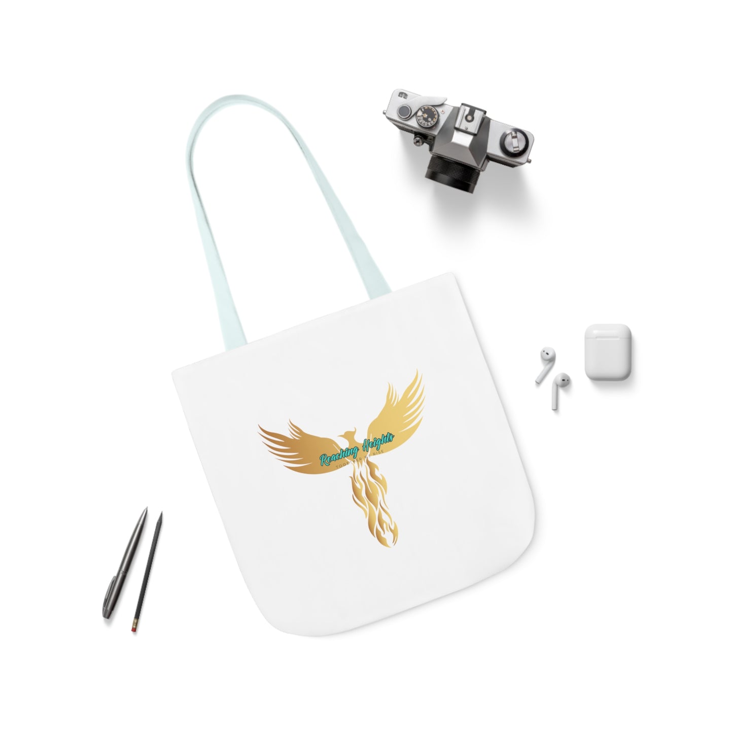 White: RH Logo: Light Blue Font: Phoenix Rise: Canvas Tote Bag, 5-Color Straps