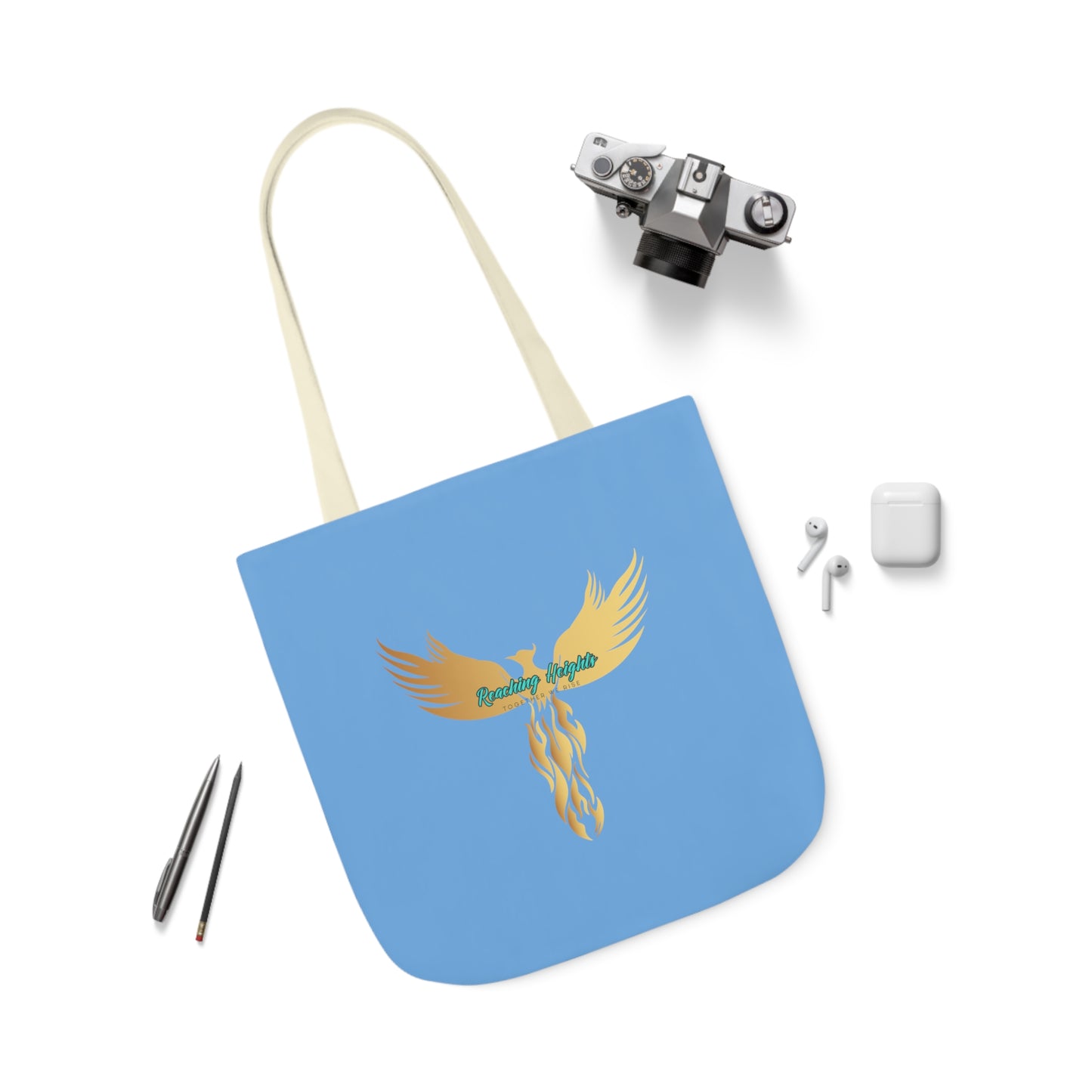 Light Blue: RH Logo: White Font: Phoenix Rise: Canvas Tote Bag, 5-Color Straps